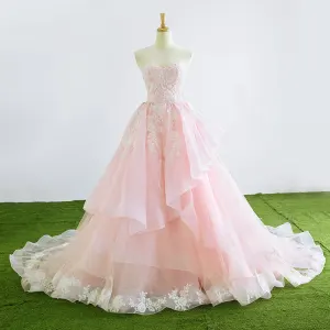 Herlig Prinsesse Kjæreste Uten Ermer Rødmende Rosa Organza Brudekjoler 2017 Appliques Blonder Buste Domstol Tog