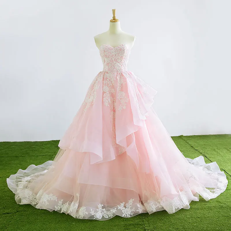 Herlig Prinsesse Kjæreste Uten Ermer Rødmende Rosa Organza Brudekjoler 2017 Appliques Blonder Buste Domstol Tog