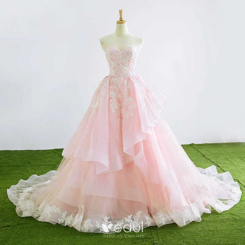 Pink Organza Sweetheart Appliques A-line Wedding Dress