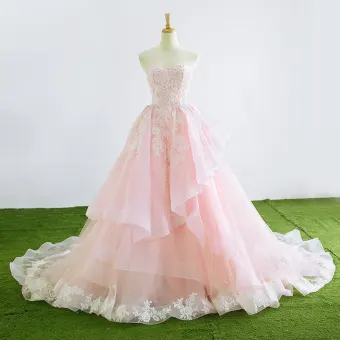 Encantador A Line Princess Sweetheart Sin Mangas Rosa Clara Organza Vestidos De Novia 2017 Apliques Con Encaje Ruffle Colas De La Corte