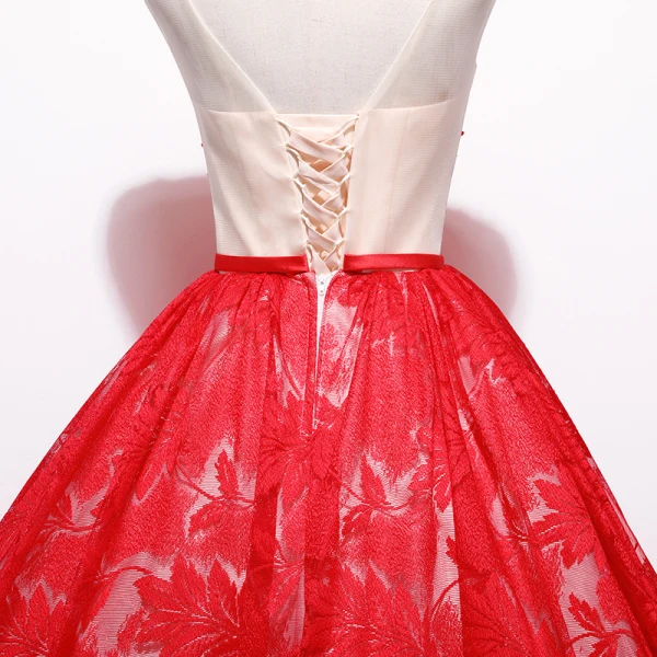 Chic / Beautiful Red Prom Dresses 2018 Ball Gown Tulle V-Neck Embroidered Appliques Backless Prom Formal Dresses