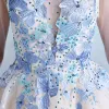 Chic / Beautiful Sky Blue Cocktail Dresses 2018 A-Line / Princess Tulle U-Neck Appliques Backless Beading Homecoming Cocktail Party Graduation Dresses