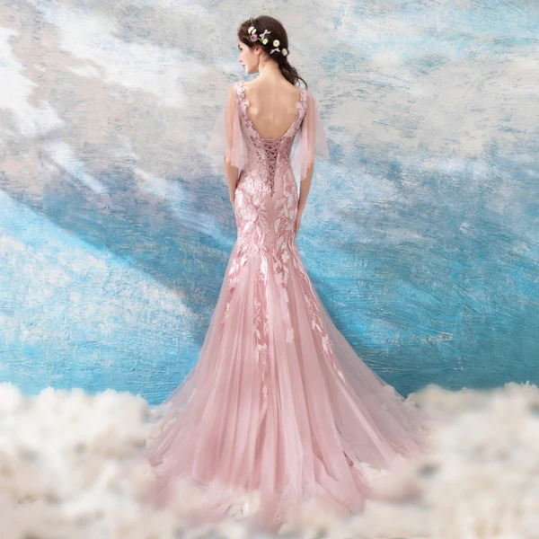 Modern / Fashion Blushing Pink 2018 Evening Dresses Summer V-Neck Tulle Lace Appliques Backless Floor-Length / Long Trumpet / Mermaid Evening Party Formal Dresses
