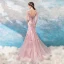 Modern / Fashion Blushing Pink 2018 Evening Dresses  Summer V-Neck Tulle Lace Appliques Backless Floor-Length / Long Trumpet / Mermaid Evening Party Formal Dresses