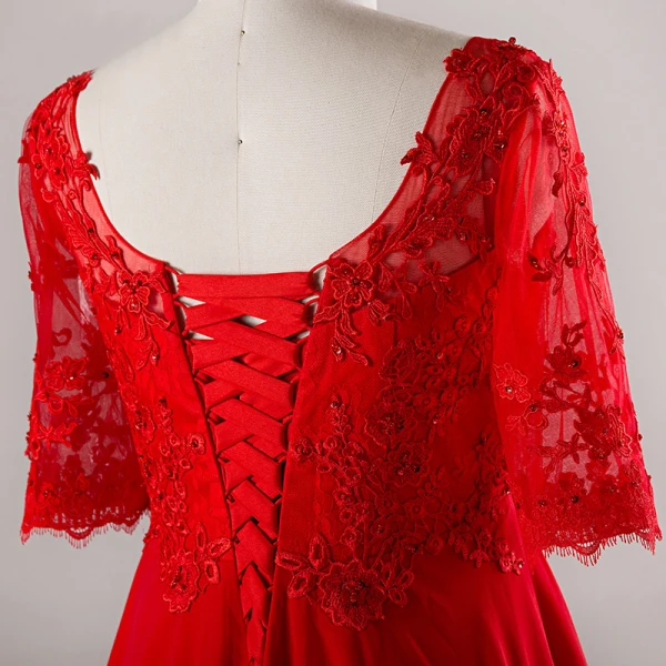 Luxury / Gorgeous Red Plus Size Evening Dresses  2018 A-Line / Princess Lace-up V-Neck Tulle Appliques Backless Beading Rhinestone Evening Party Prom Dresses