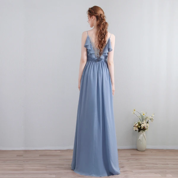 Schlicht Himmelblau Lange Abendkleider 2018 A Linie Chiffon V-Ausschnitt Schnüren Schaltflächen Rückenfreies Abend Festliche Kleider