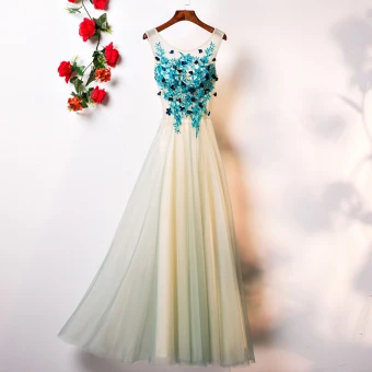 Mooie Prachtige Lange Blauw Avondjurken 2018 A Lijn Tule U Hals Lace Up Appliques Ruglooze Avond Gelegenheid Jurken