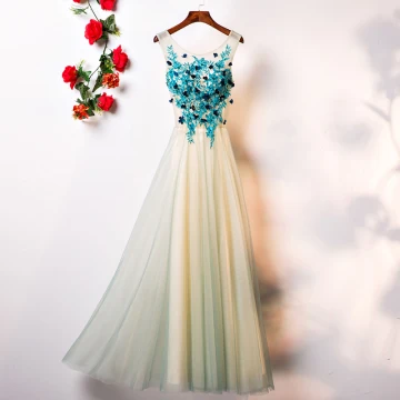 Mooie Prachtige Lange Blauw Avondjurken 2018 A Lijn Tule U Hals Lace Up Appliques Ruglooze Avond Gelegenheid Jurken