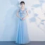 Chic / Beautiful Sky Blue Floor-Length / Long Evening Dresses  2018 A-Line / Princess V-Neck Tulle Appliques Backless Beading Pearl Pierced Evening Party Formal Dresses