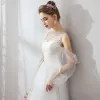 Modest / Simple White Evening Dresses  2019 A-Line / Princess Lace Tulle U-Neck Long Sleeve Appliques Backless Embroidered Honeymoon Resort Wear Summer Formal Dresses