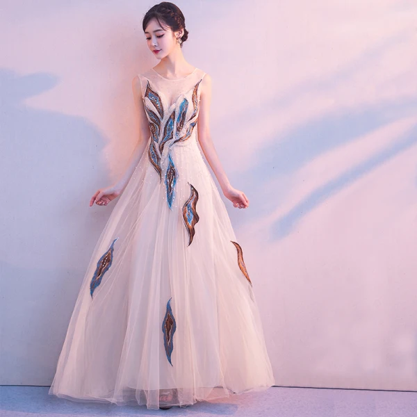 Amazing / Unique Beige Floor-Length / Long Evening Dresses  2018 A-Line / Princess U-Neck Tulle Backless Beading Pearl Sequins Evening Party Formal Dresses