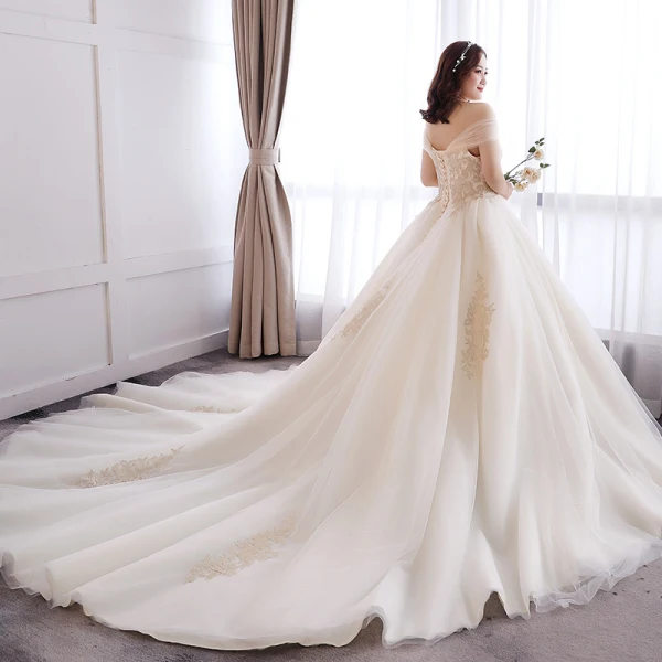 Charmant Sexy Blanche Robe Boule Grande Taille Robe De Mariée 2019 Dentelle Appliques Dos Nu Tulle Bustier Chapel Train Mariage