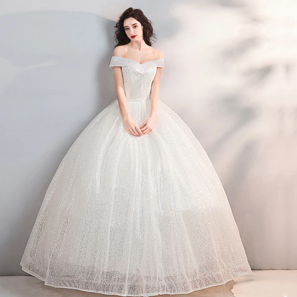 Scintillantes Bling Bling Blanche Longue Mariage 2018 Ciel étoilé Tulle Bustier Dos Nu Perlage Paillettes Robe Boule Robe De Mariée