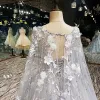 Luxury / Gorgeous 2017 Grey Crossed Straps Crystal Lace Strappy Organza U-Neck Casual Church Cocktail Party Evening Party Hall Sleeveless A-Line / Princess Evening Dresses