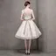 Elegant Champagne Wedding Dresses 2017 A-Line / Princess Square Neckline Short Sleeve Appliques Lace Bow Sash Pearl Knee-Length