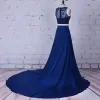 2 Piece Navy Blue Prom Dresses 2017 A-Line / Princess Scoop Neck Sleeveless Beading Satin Formal Dresses Court Train