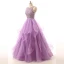 Romantic Lilac Prom Dresses Ball Gown Scoop Neck Sleeveless Backless Spaghetti Straps Organza Formal Dresses