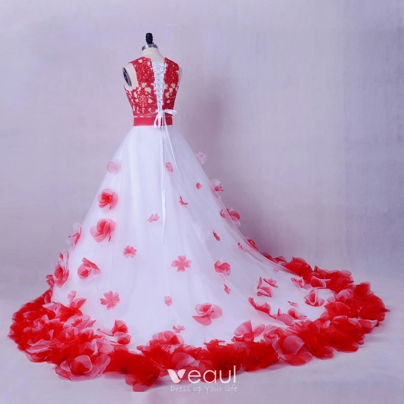strapless open back dress Delicate Red 3D Rose Lace White Off Shoulder Bridal Dress main image 0