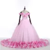 Stunning Candy Pink Flower Wedding Dresses 2017 V-Neck Off-The-Shoulder Ruffle Tulle Ball Gown Prom Dresses Chapel Train