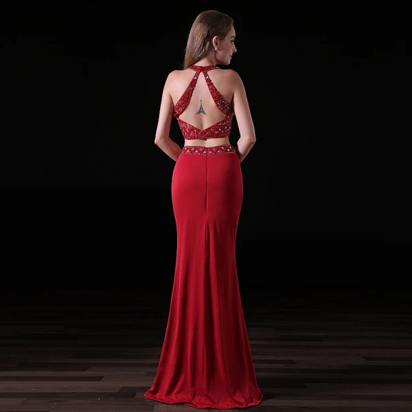 Sparkly 2 Piece Burgundy Evening Dresses 2017 Trumpet / Mermaid Halter Sleeveless Beading Crystal Rhinestone Satin Chiffon Backless Formal Dresses
