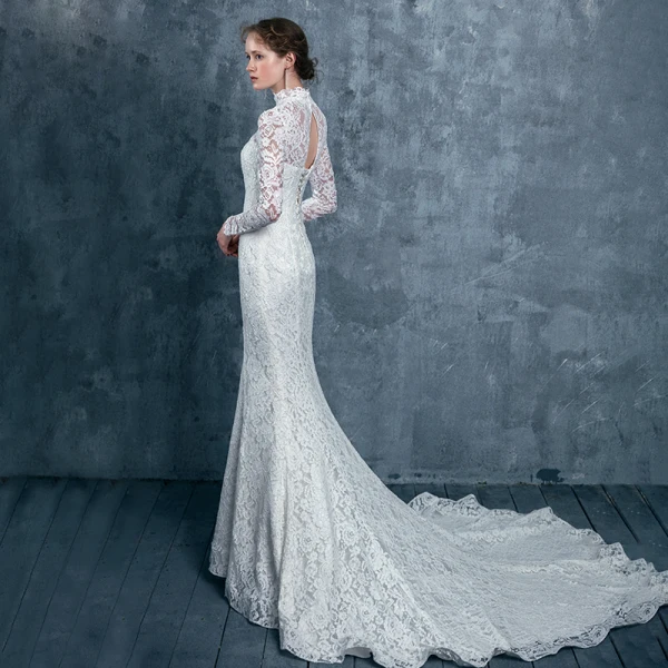 Vintage / Originale Ivoire Dentelle Robe De Mariée 2017 Trompette / Sirène Col Haut Manches Longues Dos Nu Laçage Tribunal Train
