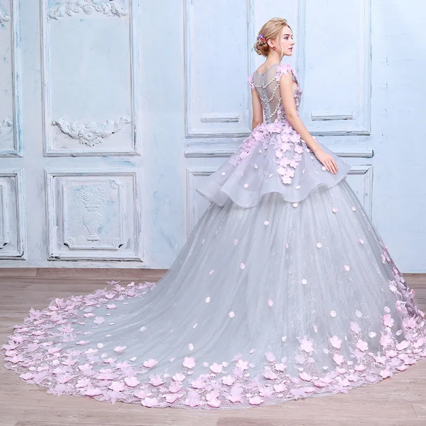 Stunning Amazing / Unique Wedding Dresses 2017 Scoop Neck Sleeveless Appliques Bow Lace Blushing Pink Flower Grey Organza Ball Gown Prom Dresses Chapel Train