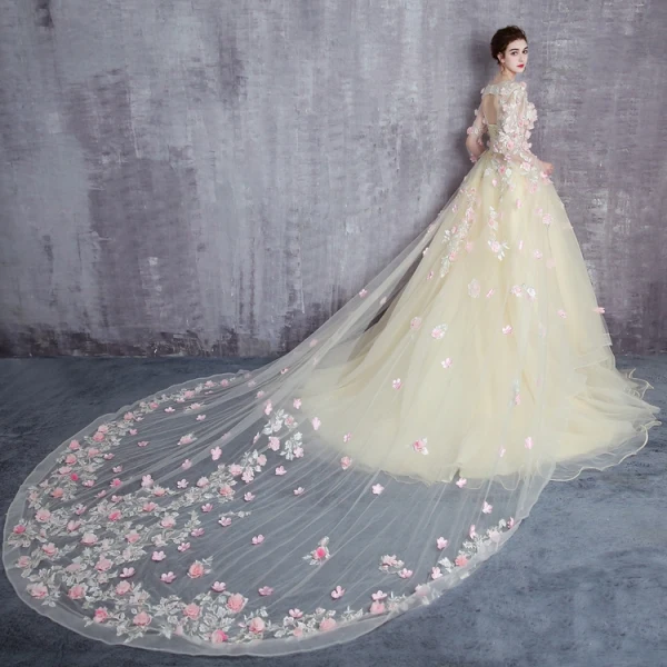 Flower Fairy Yellow Prom Dresses 2017 A-Line / Princess Scoop Neck Long Sleeve Appliques Flower Ruffle Tulle Royal Train Formal Dresses