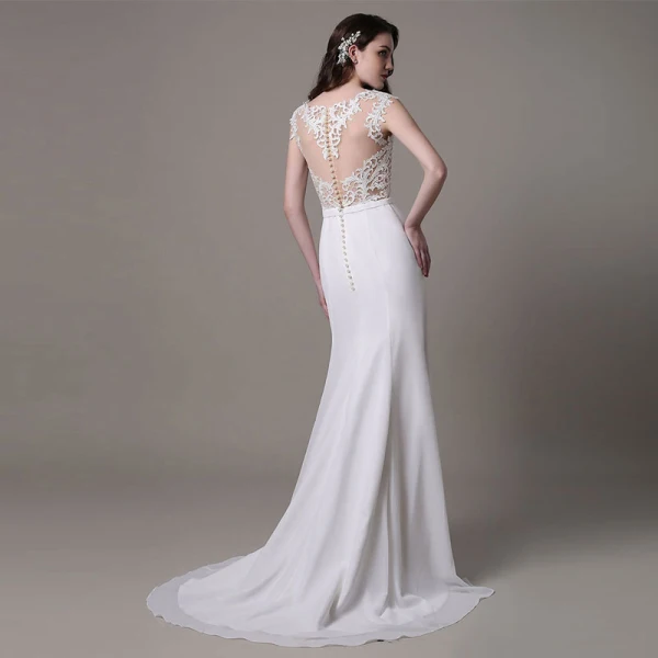 Modern / Fashion White Trumpet / Mermaid Beach Chiffon Wedding Dresses 2017 Scoop Neck Sleeveless Pearl Appliques Lace Sweep Train