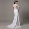 Modern / Fashion White Trumpet / Mermaid Beach Chiffon Wedding Dresses 2017 Scoop Neck Sleeveless Pearl Appliques Lace Sweep Train