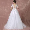 2 Piece Beach Wedding Dresses White 2017 A-Line / Princess Square Neckline Short Sleeve Bow Backless Tulle Lace Floor-Length / Long