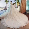 Stunning Ivory Wedding Dresses 2017 A-Line / Princess Scoop Neck Long Sleeve Appliques Lace Flower Beading Pearl Organza Chapel Train