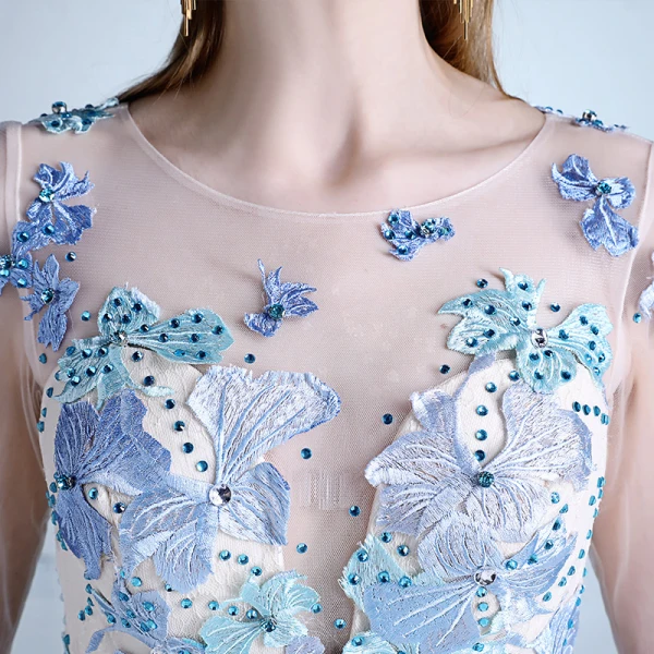 Chic / Beautiful Sky Blue Cocktail Dresses 2018 A-Line / Princess Tulle U-Neck Appliques Backless Beading Homecoming Cocktail Party Graduation Dresses