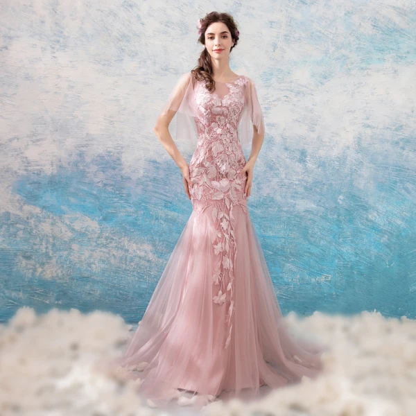 Modern / Fashion Blushing Pink 2018 Evening Dresses Summer V-Neck Tulle Lace Appliques Backless Floor-Length / Long Trumpet / Mermaid Evening Party Formal Dresses