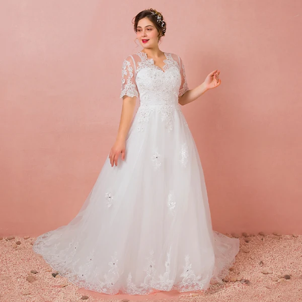 Luxe Ivoire 2018 Mariage Princesse V-Cou En Dentelle Tulle 1/2 Manches Perlage Appliques Dos Nu Été Robe De Mariée