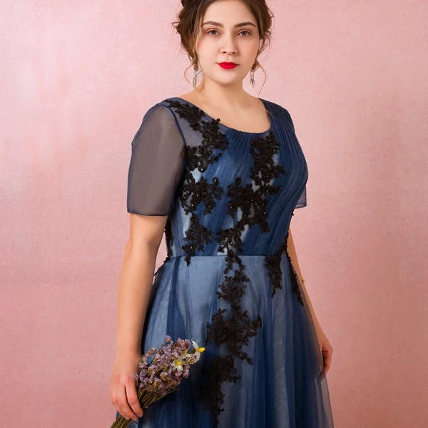 Classique Élégant Bleu Marine Grande Taille Robe De Soirée 2018 Princesse U-Cou Tulle Bretelles croisées Appliques Dos Nu Perlage Été Manches Courtes Soirée Robe De Ceremonie