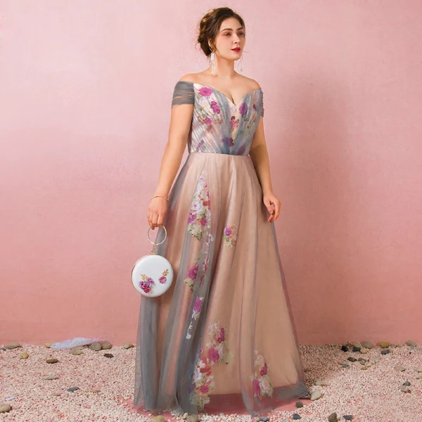 Flower Fairy Ocean Blue Plus Size Prom Dresses 2018 A-Line / Princess Tulle V-Neck Backless Printing Prom Spring Evening Party Evening Dresses