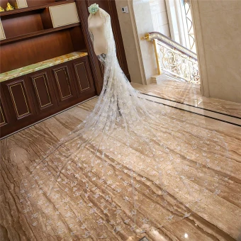 Chic Beautiful White Royal Train Gold Wedding 2018 Appliques Sequins Tulle 4 M Wedding Veils