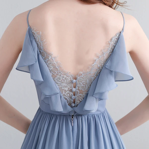 Schlicht Himmelblau Lange Abendkleider 2018 A Linie Chiffon V-Ausschnitt Schnüren Schaltflächen Rückenfreies Abend Festliche Kleider