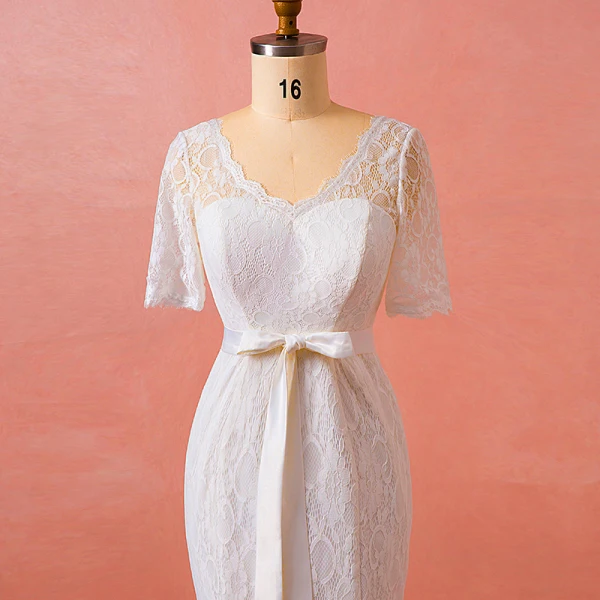 Chic / Beautiful Ivory Plus Size Chapel Train Wedding Dresses 2018 Trumpet / Mermaid V-Neck Tulle 1/2 Sleeves Appliques Pierced Wedding