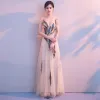 Amazing / Unique Beige Floor-Length / Long Evening Dresses  2018 A-Line / Princess U-Neck Tulle Backless Beading Pearl Sequins Evening Party Formal Dresses