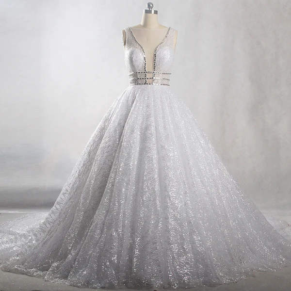Sparkly Bling Bling White Chapel Train Wedding 2018 U-Neck Tulle Glitter Beading Crystal Sequins Ball Gown Wedding Dresses