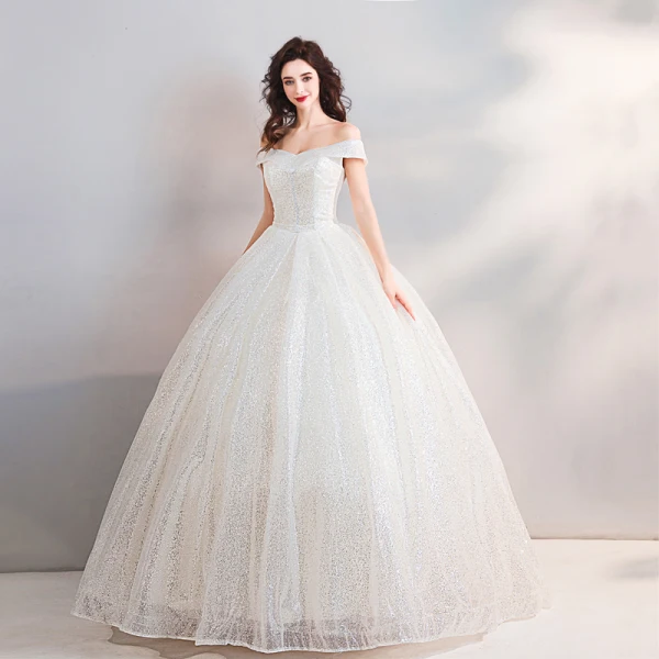 Scintillantes Bling Bling Blanche Longue Mariage 2018 Ciel étoilé Tulle Bustier Dos Nu Perlage Paillettes Robe Boule Robe De Mariée