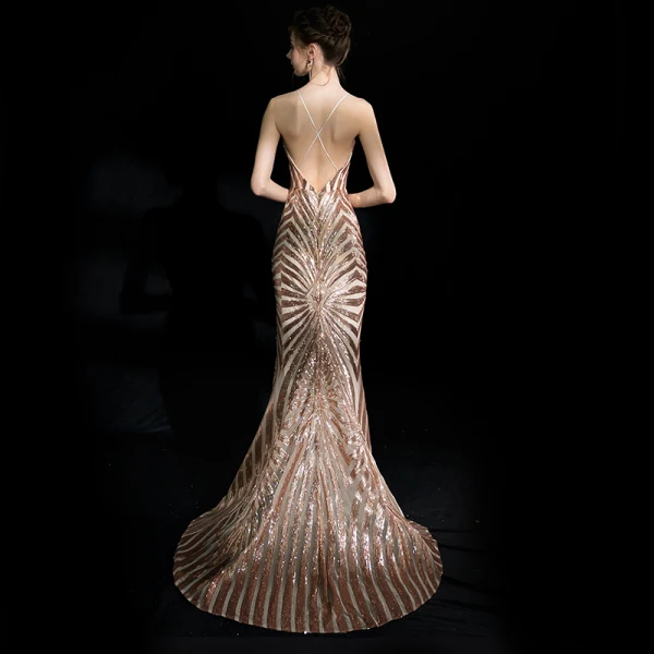 Modern / Fashion Champagne Court Train Evening Dresses 2018 V-Neck Trumpet / Mermaid Zipper Up Backless Beading Sequins Polyester Evening Party Formal Dresses