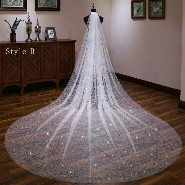 Glitter Bling Bling Witte Tule Glans Kerk Chapel Train Bruidssluier 2019