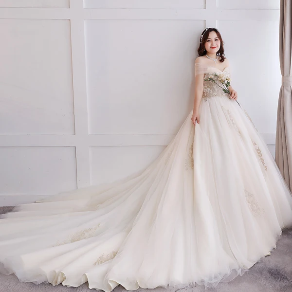 Charmant Sexy Blanche Robe Boule Grande Taille Robe De Mariée 2019 Dentelle Appliques Dos Nu Tulle Bustier Chapel Train Mariage
