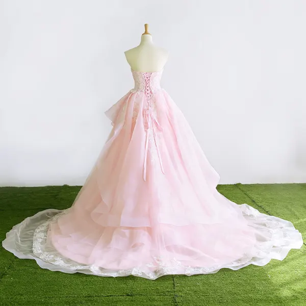 Herlig Prinsesse Kjæreste Uten Ermer Rødmende Rosa Organza Brudekjoler 2017 Appliques Blonder Buste Domstol Tog