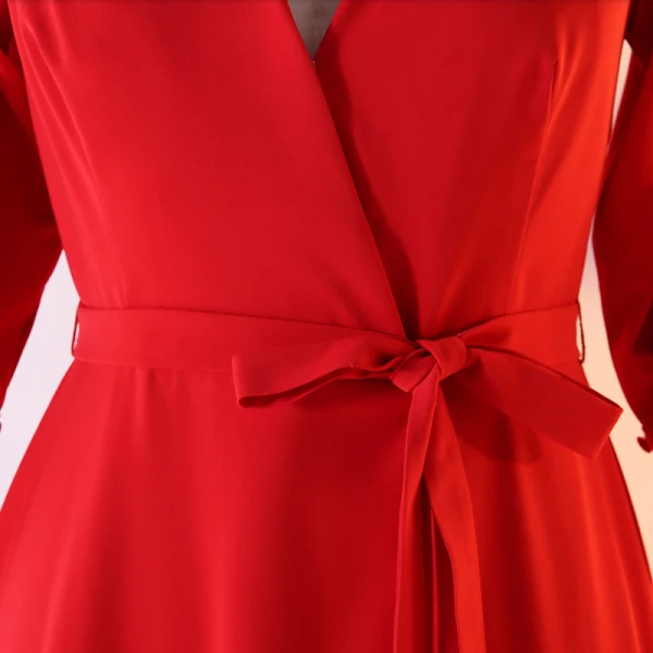 Klassisch Elegante Rot Übergröße Abendkleider 2020 A Linie V-Ausschnitt Chiffon Einfarbig Schaltflächen Lange Ärmel Knielang Kurze Abend Festliche Kleider