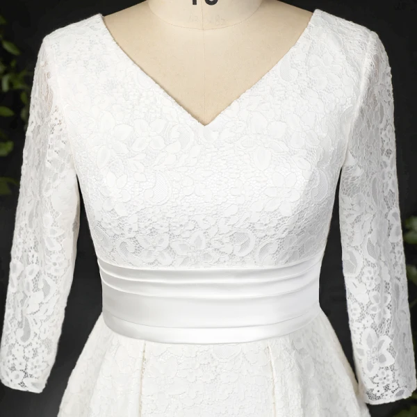Classic Elegant Ivory Plus Size Wedding Dresses 2020 A-Line / Princess V-Neck Floor-Length / Long Lace Satin Long Sleeve Checked Embroidered Solid Color Wedding