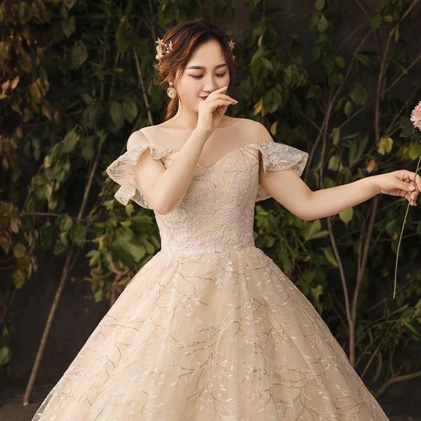 Sparkly Bling Bling Champagne Wedding Dresses 2019 A-Line / Princess Lace Tulle Floral Plus Size Embroidered Glitter Sequins Strapless Chapel Train Wedding