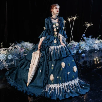 Vintage Middeleeuws Victoriaanse Stijl Ink Blauw Baljurk Galajurken 2021 Vierkante Halslijn Gekruiste Bandjes Lange 3 4 Mouwen 3d Kant Bloem Parel Kwast Het Drukken Cosplay Gala Gelegenheid Jurken